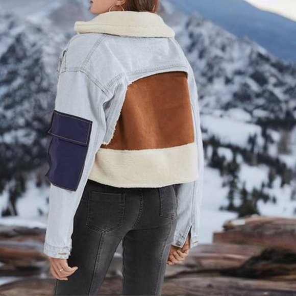 Patchwork Light Wash Denim Jacket Vegan Sherpa & Suede / Teddy Denim Jacket - Picture 9 of 11